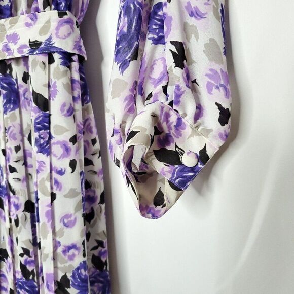 Vintage Leslie Fay Floral Blouson Pleated Dress 12 Petite Purple Secretary Belt - Picture 4 of 8